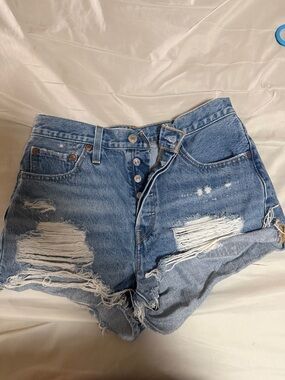 High-Rise Distressed Jean Shorts in Light Blue